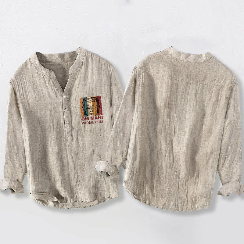 Buddha Stones ​​OM MANI PADME HUM Buddha-Muster Halbknöpfe Herren Baumwoll-Leinen Langarmhemd - image 2