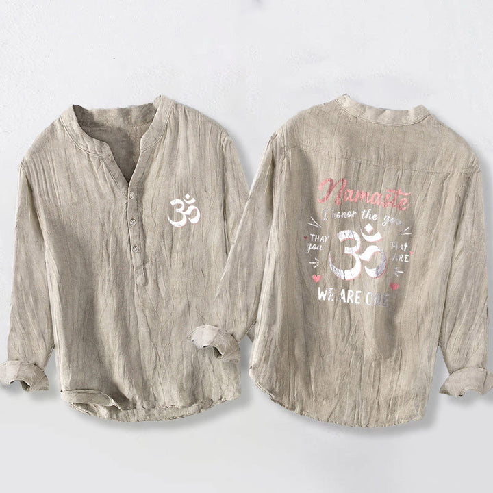 Buddha Stones ​​„Namaste, ich ehre Dich“ Om-Muster, halbe Knöpfe, Herren-Langarmhemd aus Baumwoll-Leinen-Mischgewebe - Leinen - US/ UK/AU50, EU60 (5XL) - image 3