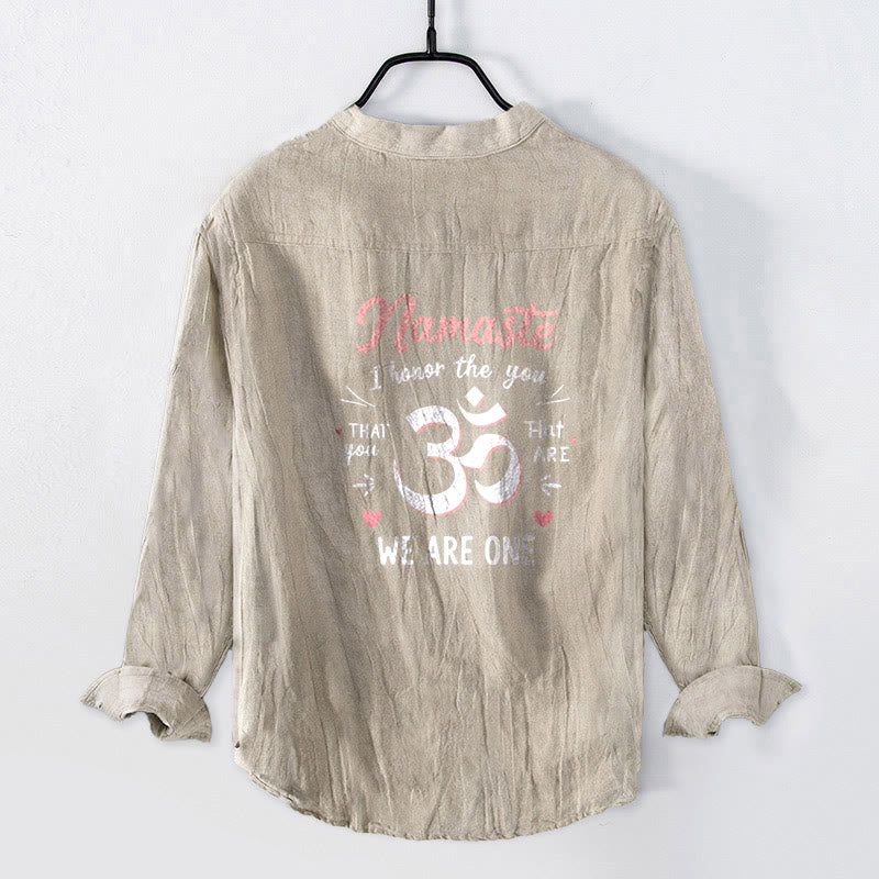 Buddha Stones ​​„Namaste, ich ehre Dich“ Om-Muster, halbe Knöpfe, Herren-Langarmhemd aus Baumwoll-Leinen-Mischgewebe - image 5