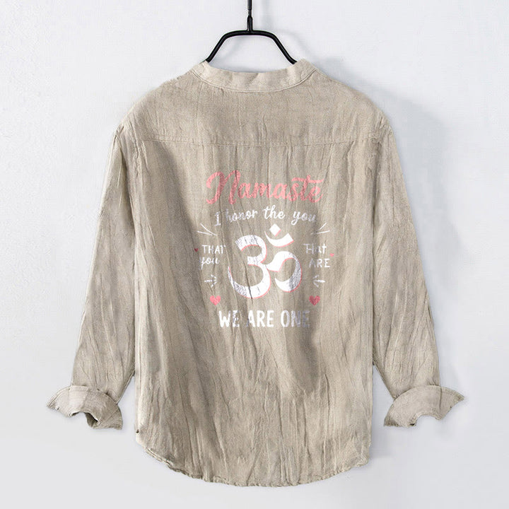 Buddha Stones ​​„Namaste, ich ehre Dich“ Om-Muster, halbe Knöpfe, Herren-Langarmhemd aus Baumwoll-Leinen-Mischgewebe - image 5