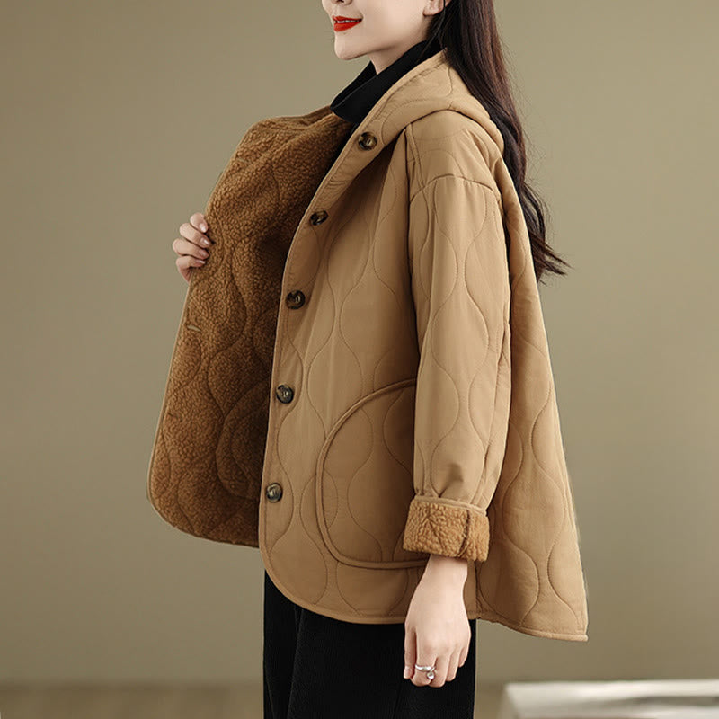 Buddha Stones Damen-Kapuzenjacke mit langen Ärmeln, schlichtes Design, Baumwoll-Hermalfleece-gefüttert, mit Taschen - image 2