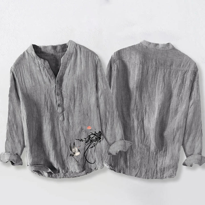 Herren-Langarmhemd aus Baumwoll-Leinen-Mischgewebe mit Buddha Stones, aufgehender Sonne und Kranichzweigen-Muster sowie halben Knöpfen. - image 5