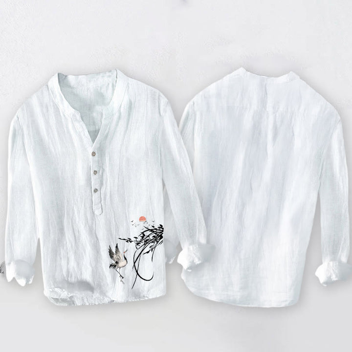 Herren-Langarmhemd aus Baumwoll-Leinen-Mischgewebe mit Buddha Stones, aufgehender Sonne und Kranichzweigen-Muster sowie halben Knöpfen. - image 8