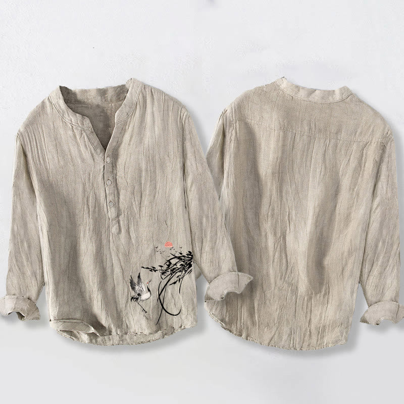 Herren-Langarmhemd aus Baumwoll-Leinen-Mischgewebe mit Buddha Stones, aufgehender Sonne und Kranichzweigen-Muster sowie halben Knöpfen. - image 2