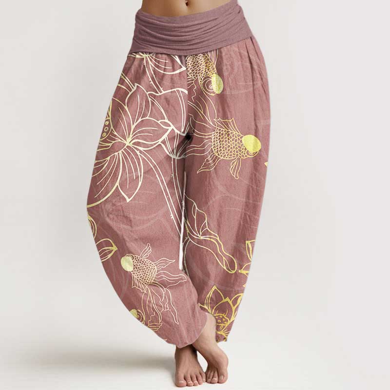 Buddha Stones Damen-Haremshose aus reiner Baumwolle mit Lotusblatt und Koi-Fisch und elastischer Taille - Blassviolettrot - US22, UK/AU26, EU54 (6XL) - image 14