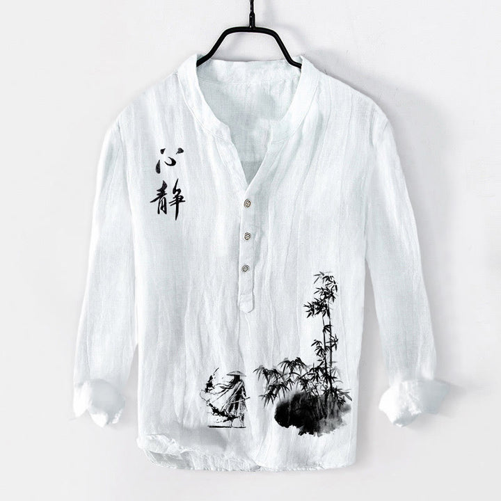 Herren-Langarmhemd aus Baumwolle und Leinen mit Buddha Stones, Bambusmotiven, chinesischen Schriftzeichen und Schwertkämpfer-Muster sowie halben Knöpfen. - Weiß - US/ UK/AU50, EU60 (5XL) - image 6