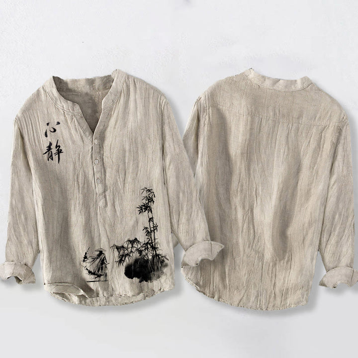 Herren-Langarmhemd aus Baumwolle und Leinen mit Buddha Stones, Bambusmotiven, chinesischen Schriftzeichen und Schwertkämpfer-Muster sowie halben Knöpfen. - image 2