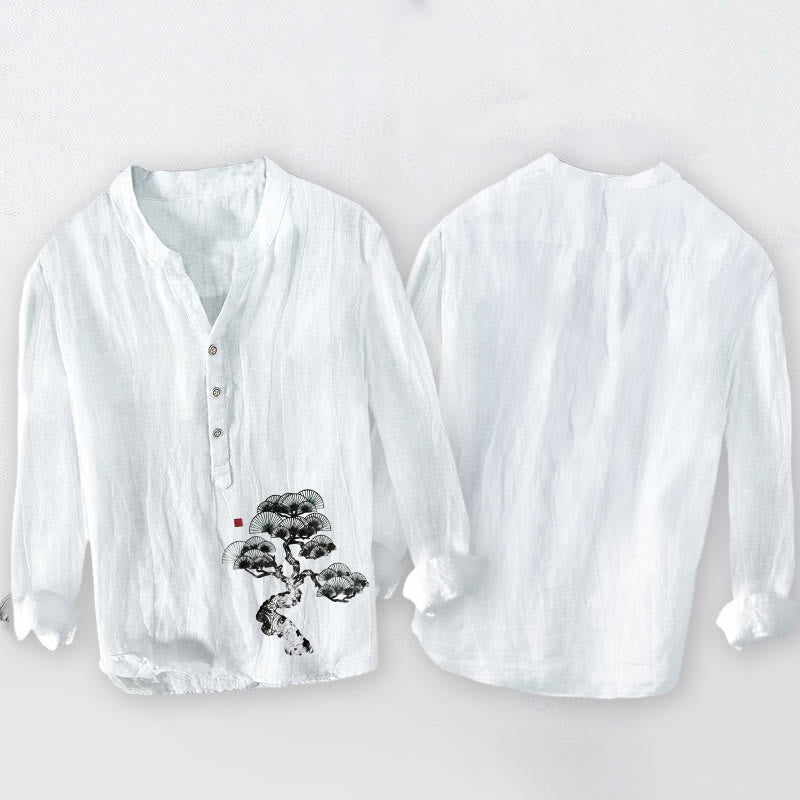 Herren-Langarmhemd aus Baumwoll-Leinen-Mischgewebe mit Buddha Stones und Kiefernmuster und halben Knöpfen. - image 8