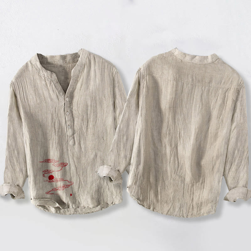 Buddha Stones, Glückverheißende Wolken, rotes Sonnenmuster, halbe Knöpfe, Herren-Langarmhemd aus Baumwoll-Leinen-Mischgewebe - image 8