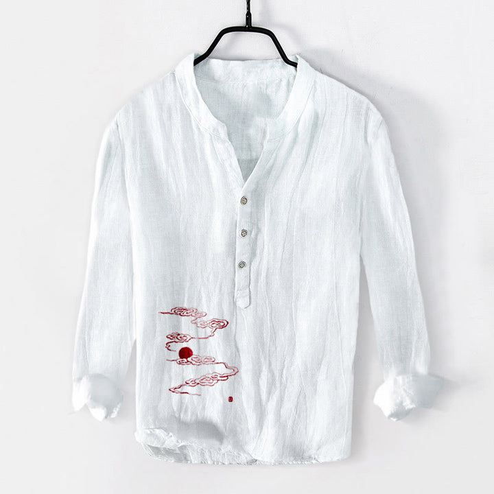 Buddha Stones, Glückverheißende Wolken, rotes Sonnenmuster, halbe Knöpfe, Herren-Langarmhemd aus Baumwoll-Leinen-Mischgewebe - Weiß - US/ UK/AU50, EU60 (5XL) - image 3