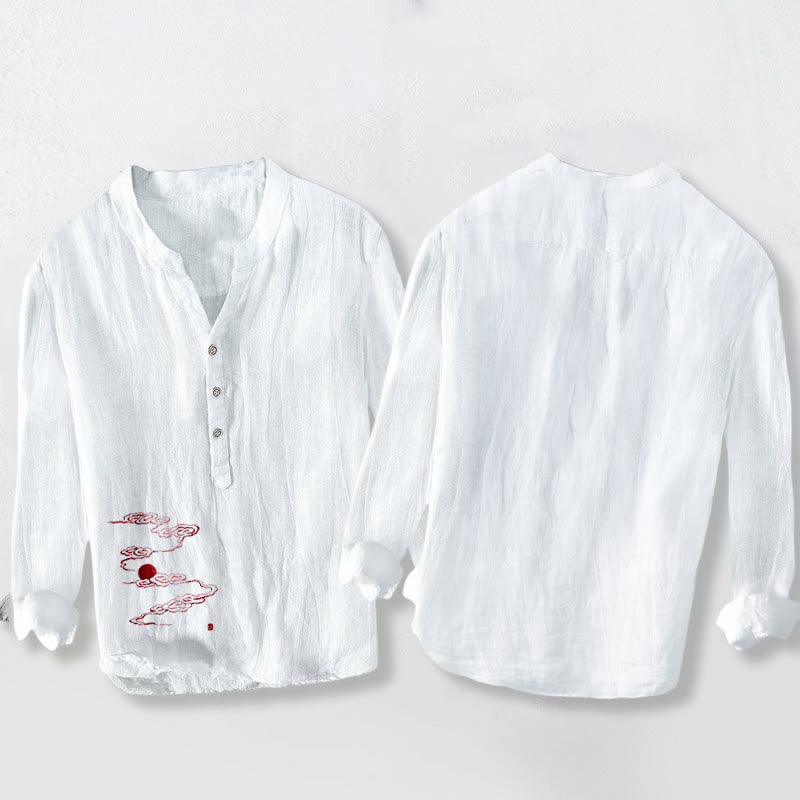 Buddha Stones, Glückverheißende Wolken, rotes Sonnenmuster, halbe Knöpfe, Herren-Langarmhemd aus Baumwoll-Leinen-Mischgewebe - image 5