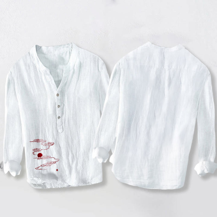 Buddha Stones, Glückverheißende Wolken, rotes Sonnenmuster, halbe Knöpfe, Herren-Langarmhemd aus Baumwoll-Leinen-Mischgewebe - image 5