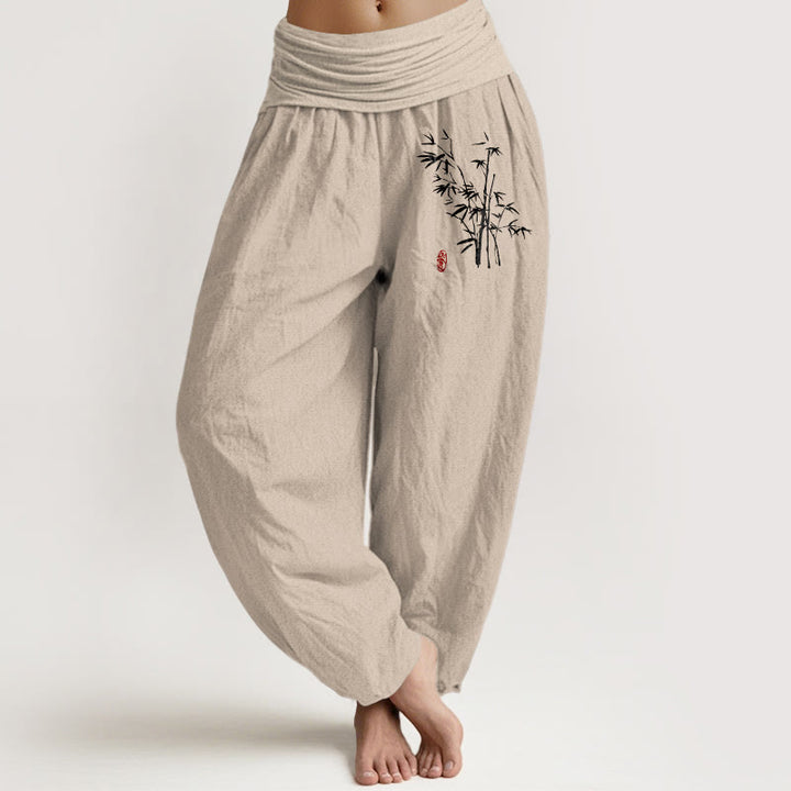 Buddha Stones Lässige Haremshose aus Baumwolle mit Bambusblattmuster und elastischem Bund für Damen. - Bräunen - US16, UK/AU20, EU48 (3XL) - image 0