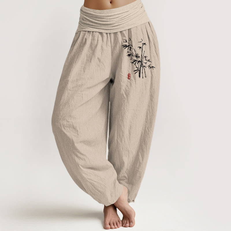 Buddha Stones Lässige Haremshose aus Baumwolle mit Bambusblattmuster und elastischem Bund für Damen. - Bräunen - US16, UK/AU20, EU48 (3XL) - image 0