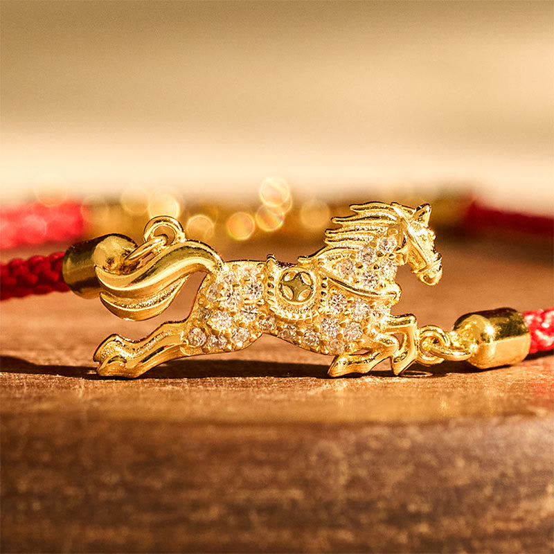 Buddha Stones Chinesisches Tierkreiszeichen Jahr des Pferdes 925 Sterling Silber Goldene rote Schnur Glücksarmband - image 3