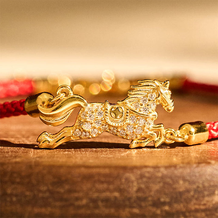 Buddha Stones Chinesisches Tierkreiszeichen Jahr des Pferdes 925 Sterling Silber Goldene rote Schnur Glücksarmband - image 3