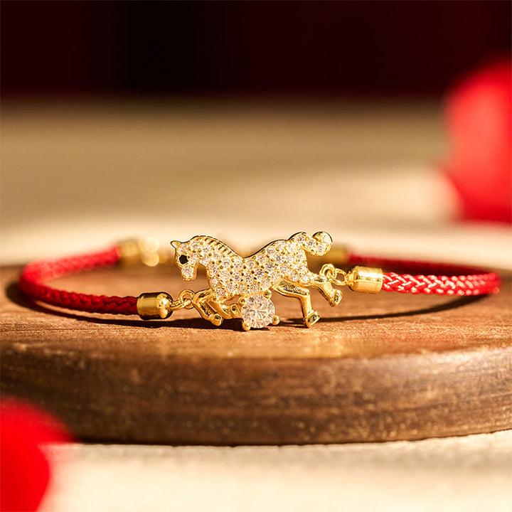 Buddha Stones 925 Sterling Silber Goldenes Jahr des Pferdes Rote Schnur Glück Verstellbares Armband - image 1