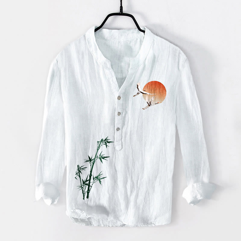 Buddha Stones Sun Crane Bamboo Leaves Pattern Halbknöpfe Herren Langarmhemd aus Baumwolle und Leinen - Weiß - US/ UK/AU50, EU60 (5XL) - image 6