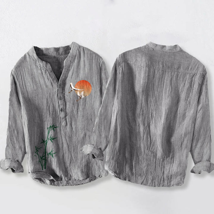 Buddha Stones Sun Crane Bamboo Leaves Pattern Halbknöpfe Herren Langarmhemd aus Baumwolle und Leinen - image 5