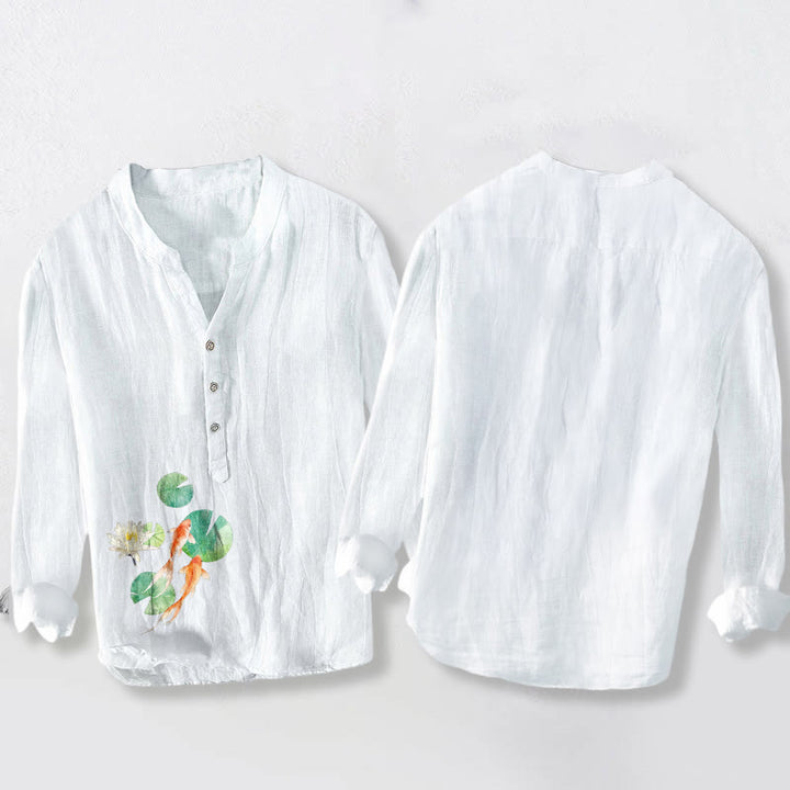 Herren-Langarmhemd aus Baumwoll-Leinen-Mischgewebe mit Buddha Stones, Koi-Karpfen- und Lotusblattmuster sowie halben Knöpfen. - image 2