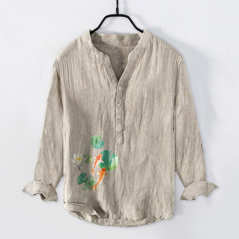 Herren-Langarmhemd aus Baumwoll-Leinen-Mischgewebe mit Buddha Stones, Koi-Karpfen- und Lotusblattmuster sowie halben Knöpfen. - Leinen - US/ UK/AU50, EU60 (5XL) - image 3