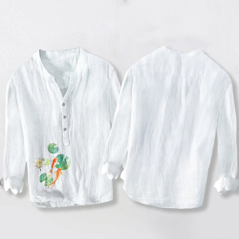 Herren-Langarmhemd aus Baumwoll-Leinen-Mischgewebe mit Buddha Stones, Koi-Karpfen- und Lotusblattmuster sowie halben Knöpfen. - image 2