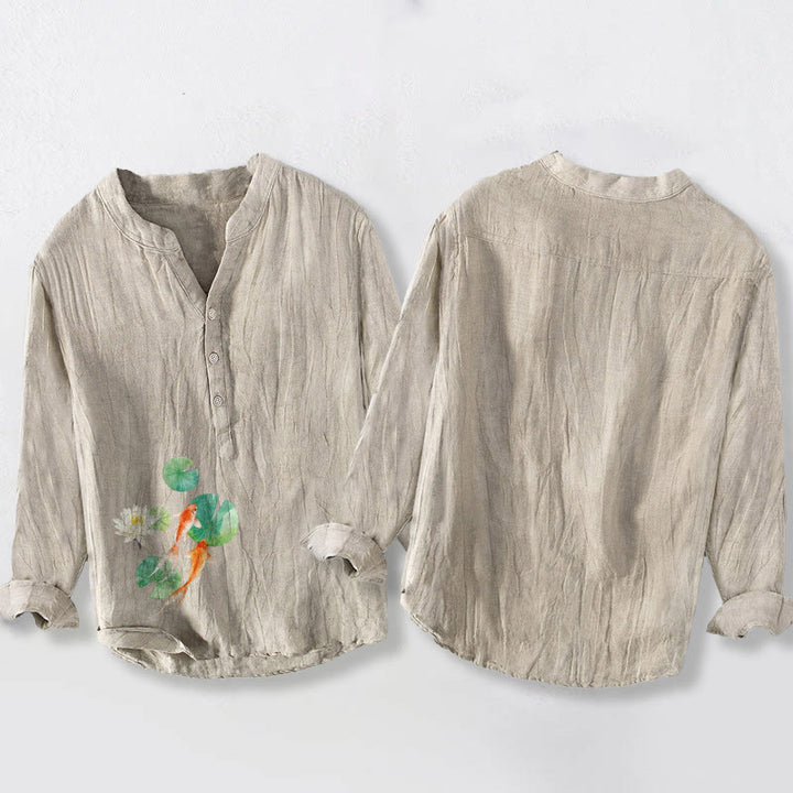 Herren-Langarmhemd aus Baumwoll-Leinen-Mischgewebe mit Buddha Stones, Koi-Karpfen- und Lotusblattmuster sowie halben Knöpfen. - image 5