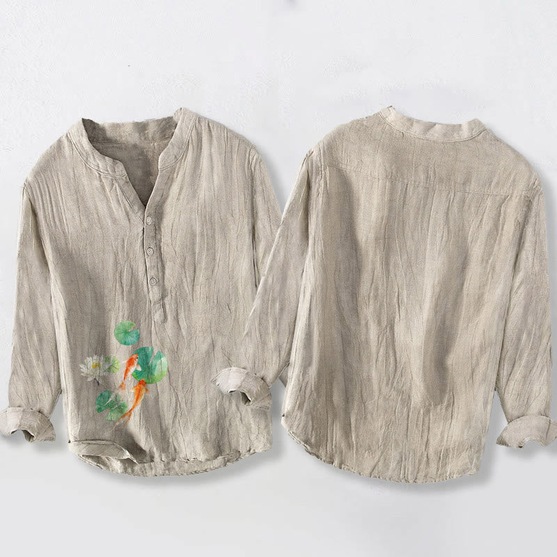 Herren-Langarmhemd aus Baumwoll-Leinen-Mischgewebe mit Buddha Stones, Koi-Karpfen- und Lotusblattmuster sowie halben Knöpfen. - image 5