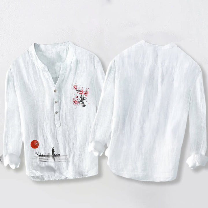 Herren-Langarmhemd aus Baumwoll-Leinen-Mischgewebe mit Buddha Stones, Pflaumenblüten- und Sonnenmotiv sowie Fischermotiv und halben Knöpfen. - image 8