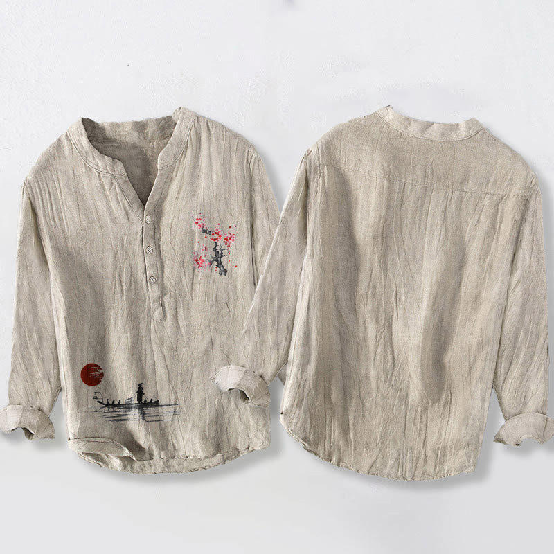 Herren-Langarmhemd aus Baumwoll-Leinen-Mischgewebe mit Buddha Stones, Pflaumenblüten- und Sonnenmotiv sowie Fischermotiv und halben Knöpfen. - image 2