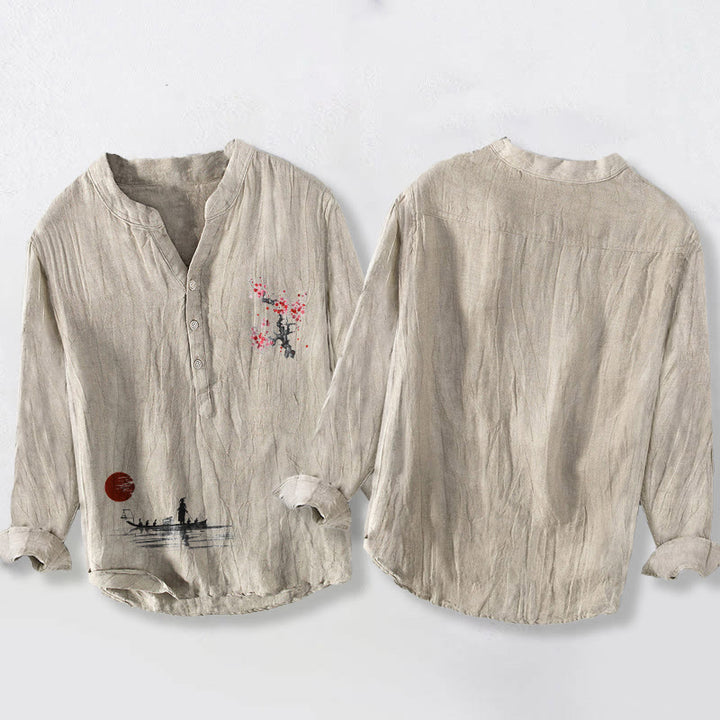 Herren-Langarmhemd aus Baumwoll-Leinen-Mischgewebe mit Buddha Stones, Pflaumenblüten- und Sonnenmotiv sowie Fischermotiv und halben Knöpfen. - image 2