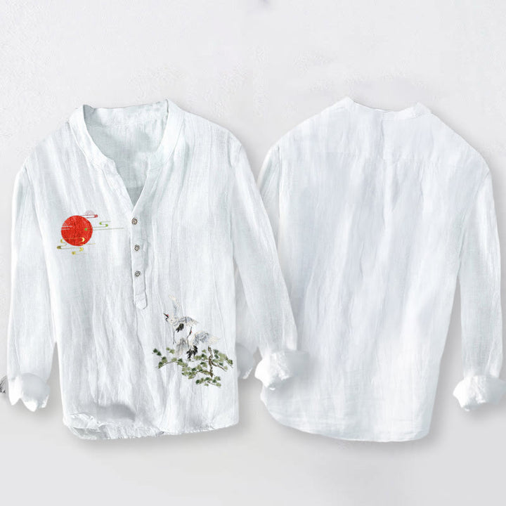 Herren-Langarmhemd aus Baumwoll-Leinen-Mischgewebe mit Buddha Stones, Sonnenkranich- und Kiefernzweigmuster sowie halben Knöpfen. - image 5