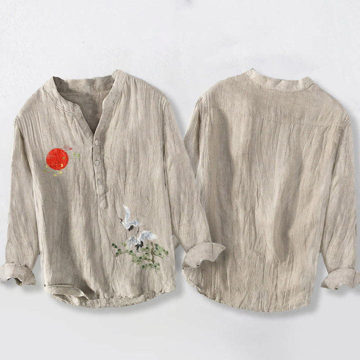 Herren-Langarmhemd aus Baumwoll-Leinen-Mischgewebe mit Buddha Stones, Sonnenkranich- und Kiefernzweigmuster sowie halben Knöpfen. - image 8