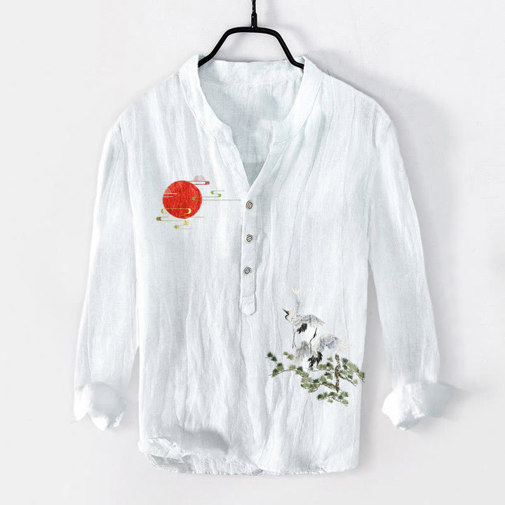 Herren-Langarmhemd aus Baumwoll-Leinen-Mischgewebe mit Buddha Stones, Sonnenkranich- und Kiefernzweigmuster sowie halben Knöpfen. - Weiß - US/ UK/AU50, EU60 (5XL) - image 3