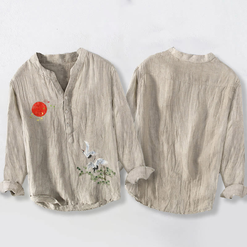 Herren-Langarmhemd aus Baumwoll-Leinen-Mischgewebe mit Buddha Stones, Sonnenkranich- und Kiefernzweigmuster sowie halben Knöpfen. - image 8