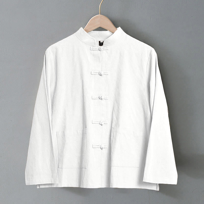 Buddha Stones Ethnic Frog-Button Langarm-Stehkragen Damen-Baumwollhemd mit Taschen - image 8