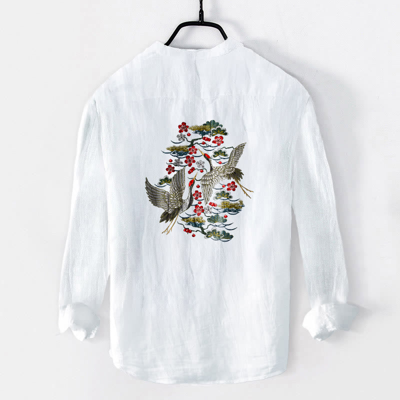 Herren-Langarmhemd aus Baumwoll-Leinen-Mischgewebe mit Buddha Stones, Kranich-Kiefern-Blumenmuster und halben Knöpfen. - image 2