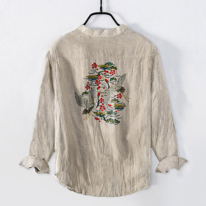 Herren-Langarmhemd aus Baumwoll-Leinen-Mischgewebe mit Buddha Stones, Kranich-Kiefern-Blumenmuster und halben Knöpfen. - image 5