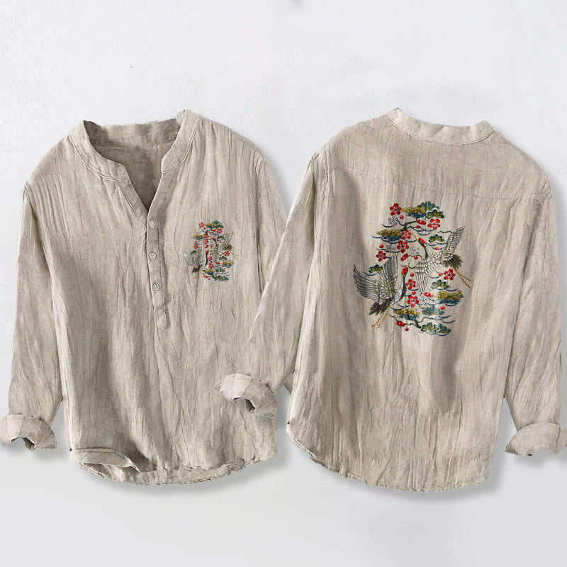 Herren-Langarmhemd aus Baumwoll-Leinen-Mischgewebe mit Buddha Stones, Kranich-Kiefern-Blumenmuster und halben Knöpfen. - Leinen - US/ UK/AU50，EU60 (5XL) - image 3