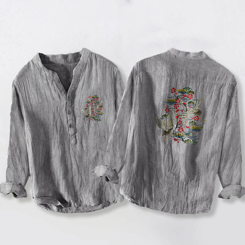 Herren-Langarmhemd aus Baumwoll-Leinen-Mischgewebe mit Buddha Stones, Kranich-Kiefern-Blumenmuster und halben Knöpfen. - Grau - US/ UK/AU50, EU60 (5XL) - image 6