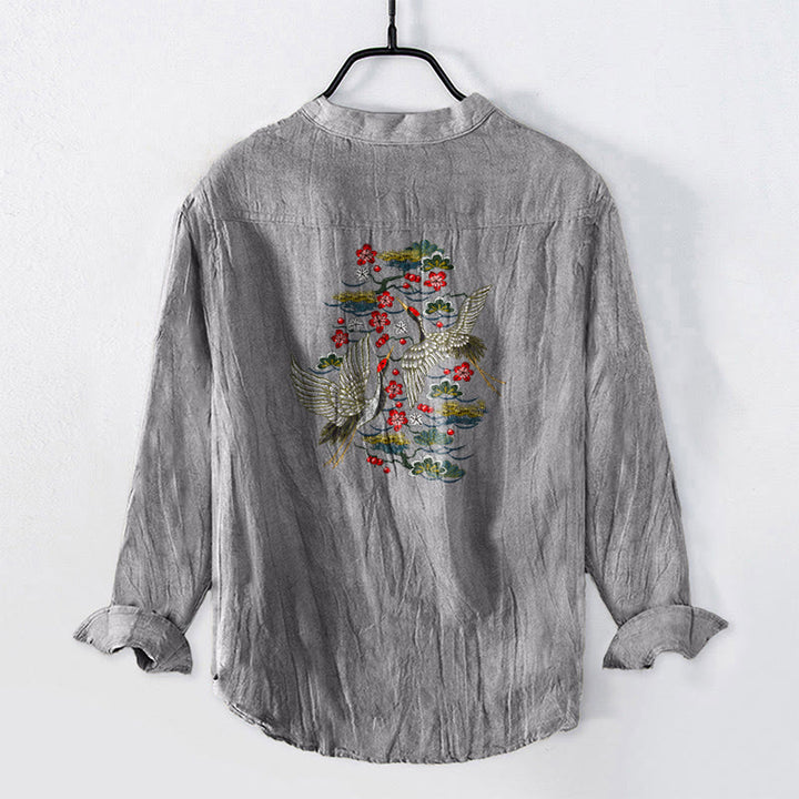 Herren-Langarmhemd aus Baumwoll-Leinen-Mischgewebe mit Buddha Stones, Kranich-Kiefern-Blumenmuster und halben Knöpfen. - image 8