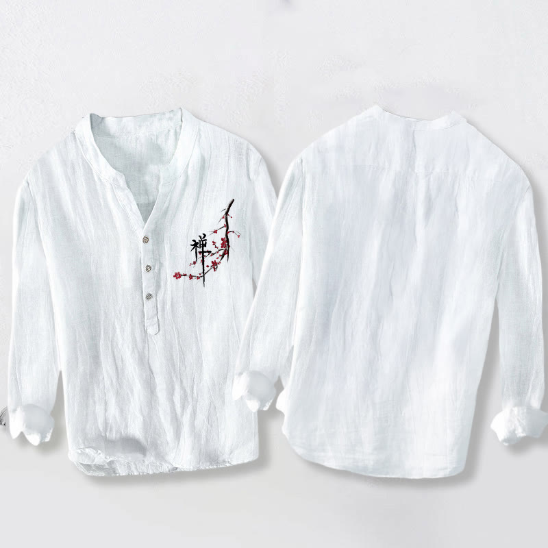 Herren-Langarmhemd aus Baumwoll-Leinen mit Zen-Muster , Buddha Stones , roten Pfirsichblüten und halben Knöpfen (Zen-Stil). - image 8