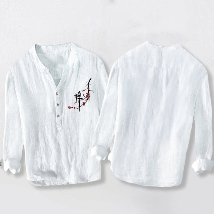 Herren-Langarmhemd aus Baumwoll-Leinen mit Zen-Muster , Buddha Stones , roten Pfirsichblüten und halben Knöpfen (Zen-Stil). - image 8