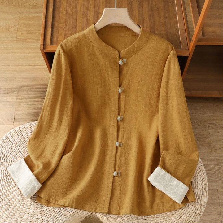 Leinenhemd für Damen mit Buddha Stones , farblich kontrastreichem Design und chinesischen Froschknöpfen, langärmelig - Goldrute - US8-10, UK/AU12-14, EU40-42 (2XL) - image 0