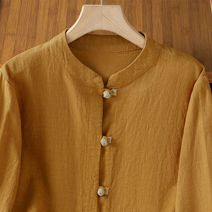 Leinenhemd für Damen mit Buddha Stones , farblich kontrastreichem Design und chinesischen Froschknöpfen, langärmelig - image 4