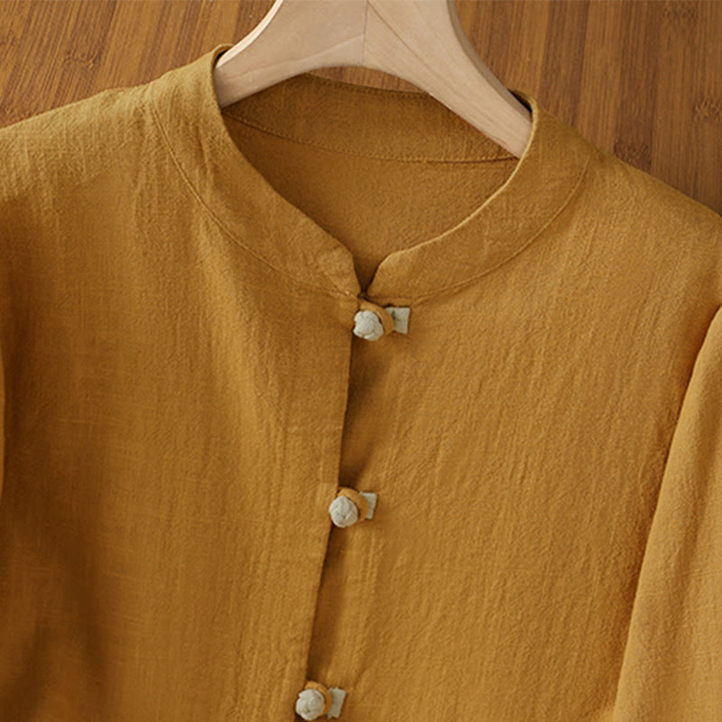 Leinenhemd für Damen mit Buddha Stones , farblich kontrastreichem Design und chinesischen Froschknöpfen, langärmelig - image 2