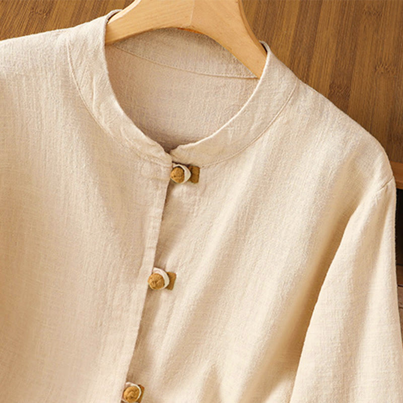 Leinenhemd für Damen mit Buddha Stones , farblich kontrastreichem Design und chinesischen Froschknöpfen, langärmelig - image 13