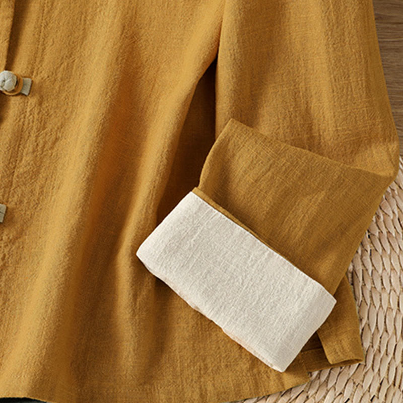 Buddha Stones Farbkontrast-Design Chinesischer Frosch-Knopf Langärmliges Damen-Leinenhemd - image 5