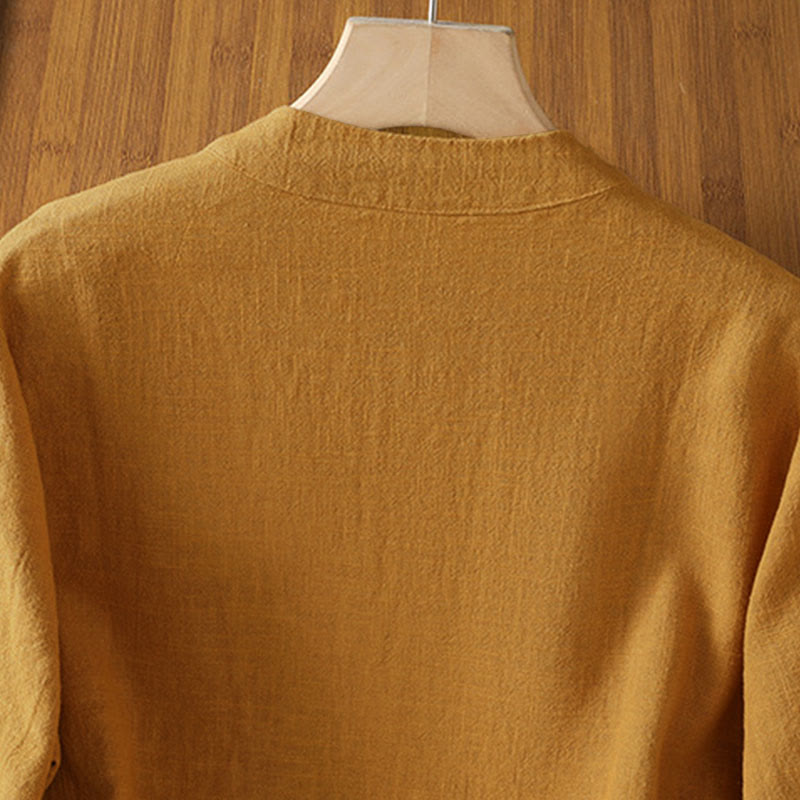 Leinenhemd für Damen mit Buddha Stones , farblich kontrastreichem Design und chinesischen Froschknöpfen, langärmelig - image 3