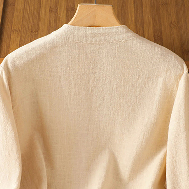 Leinenhemd für Damen mit Buddha Stones , farblich kontrastreichem Design und chinesischen Froschknöpfen, langärmelig - image 14